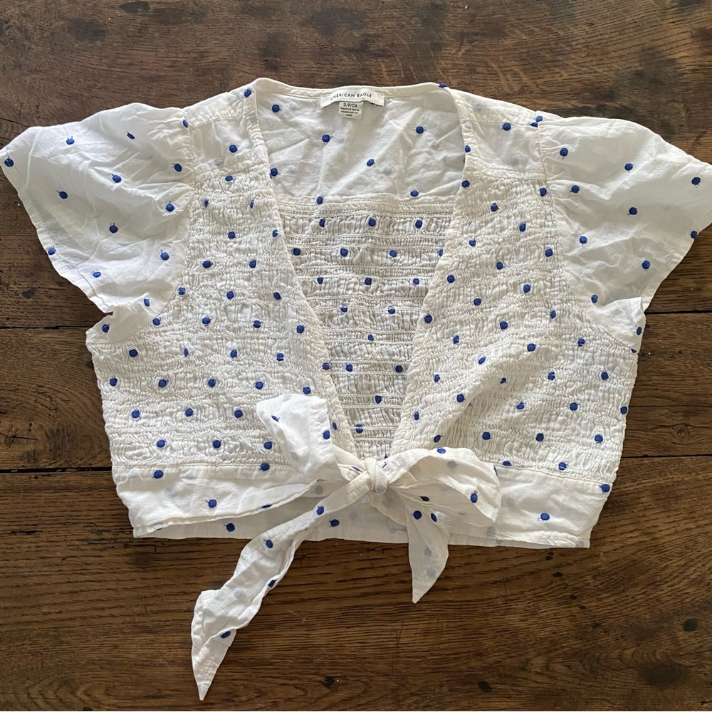 American Eagle Outfitters White Tie Front Crop Top Polkadot 4th of July